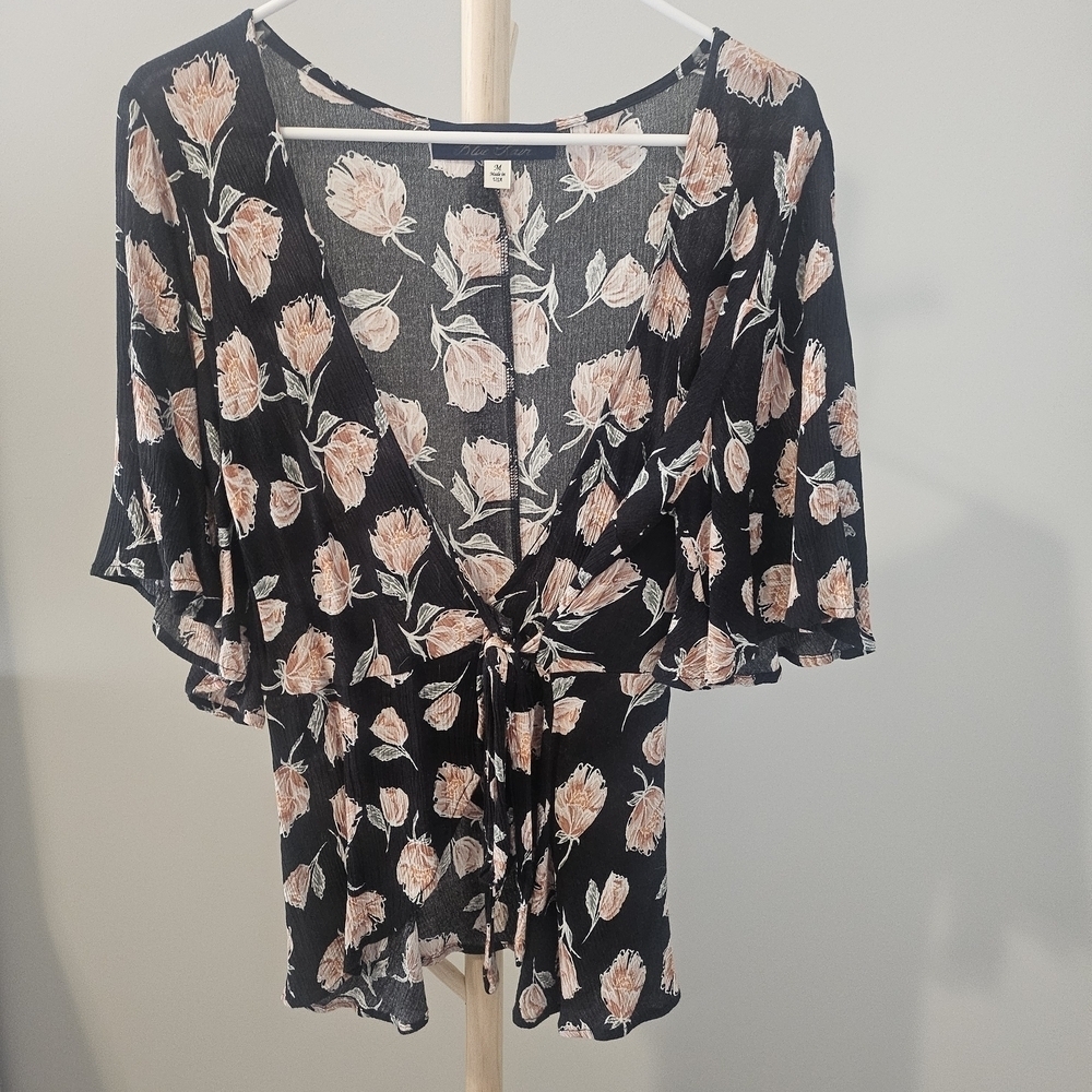 Blue Rain Floral Tie-Front Blouse